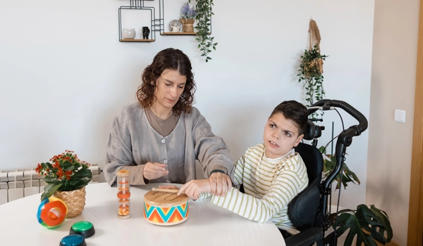 woman working with her son
