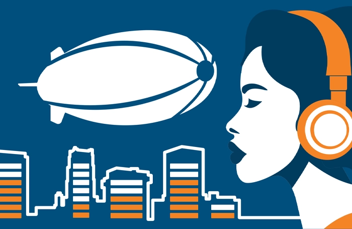 illustration of blimp & woman with headphones on