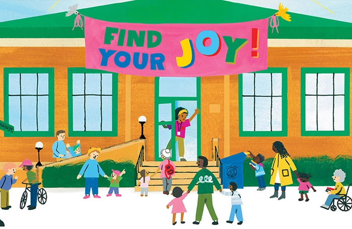 graphic illustration of a school building with a sign that says share your library joy